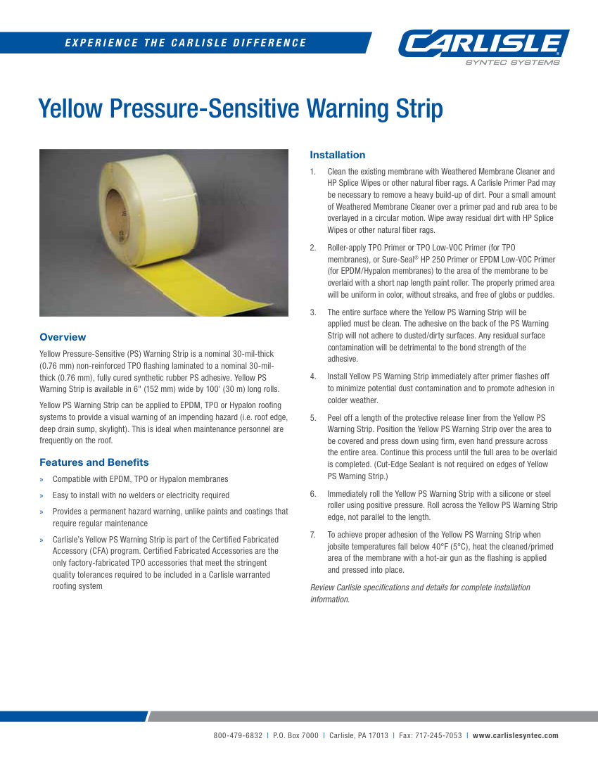 Carlisle SynTec Yellow Pressure-Sensitive Warning Strip cut sheet — first page