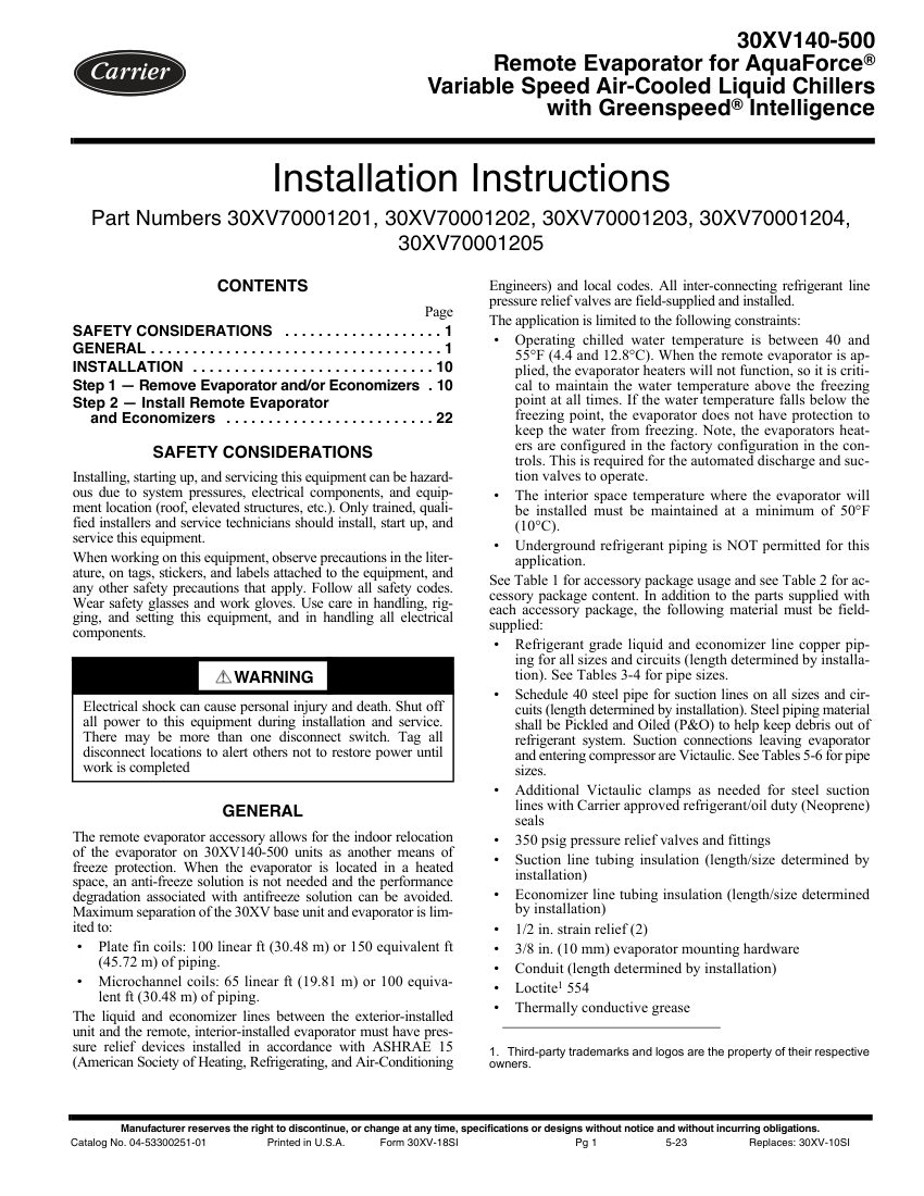 Carrier 30XV cut sheet — first page