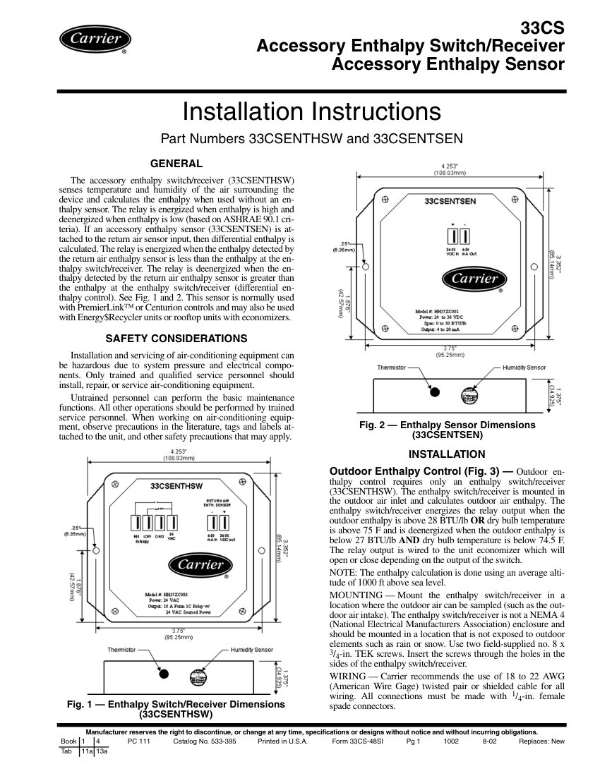 Carrier 33CSENTHSW cut sheet — first page