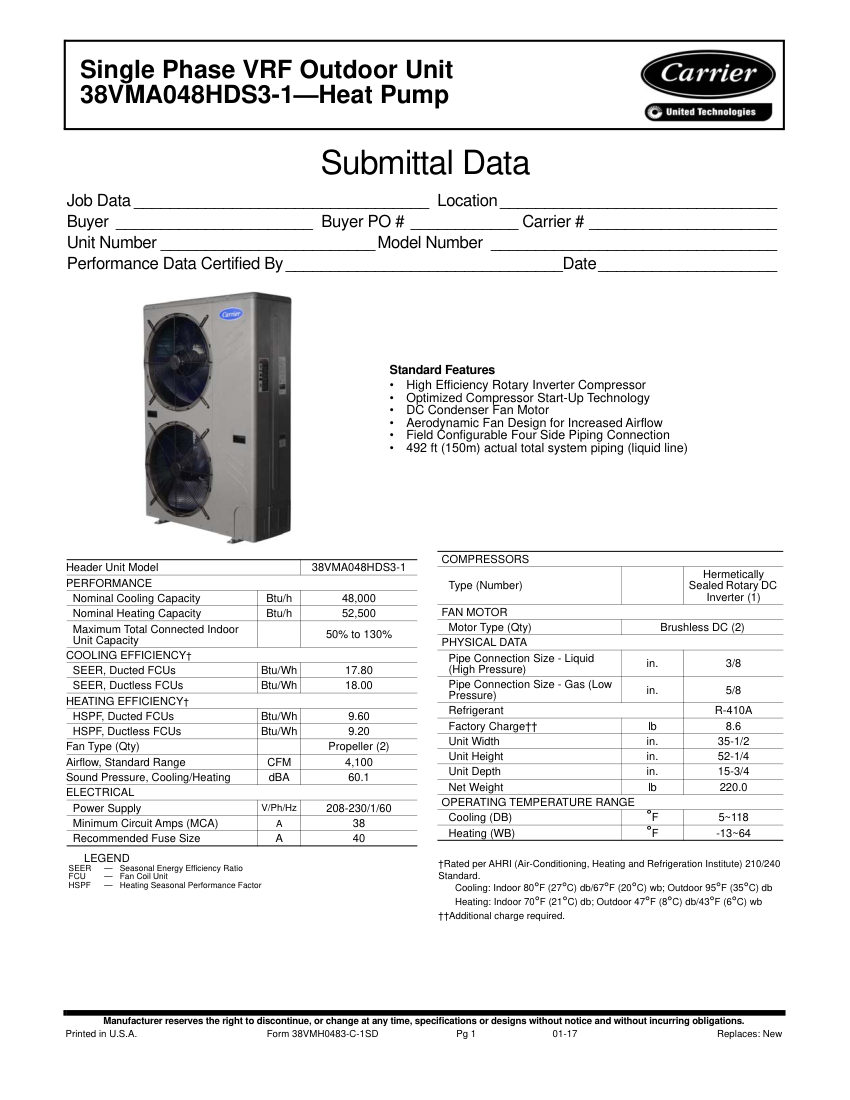 Carrier 38VMH-1P cut sheet — first page