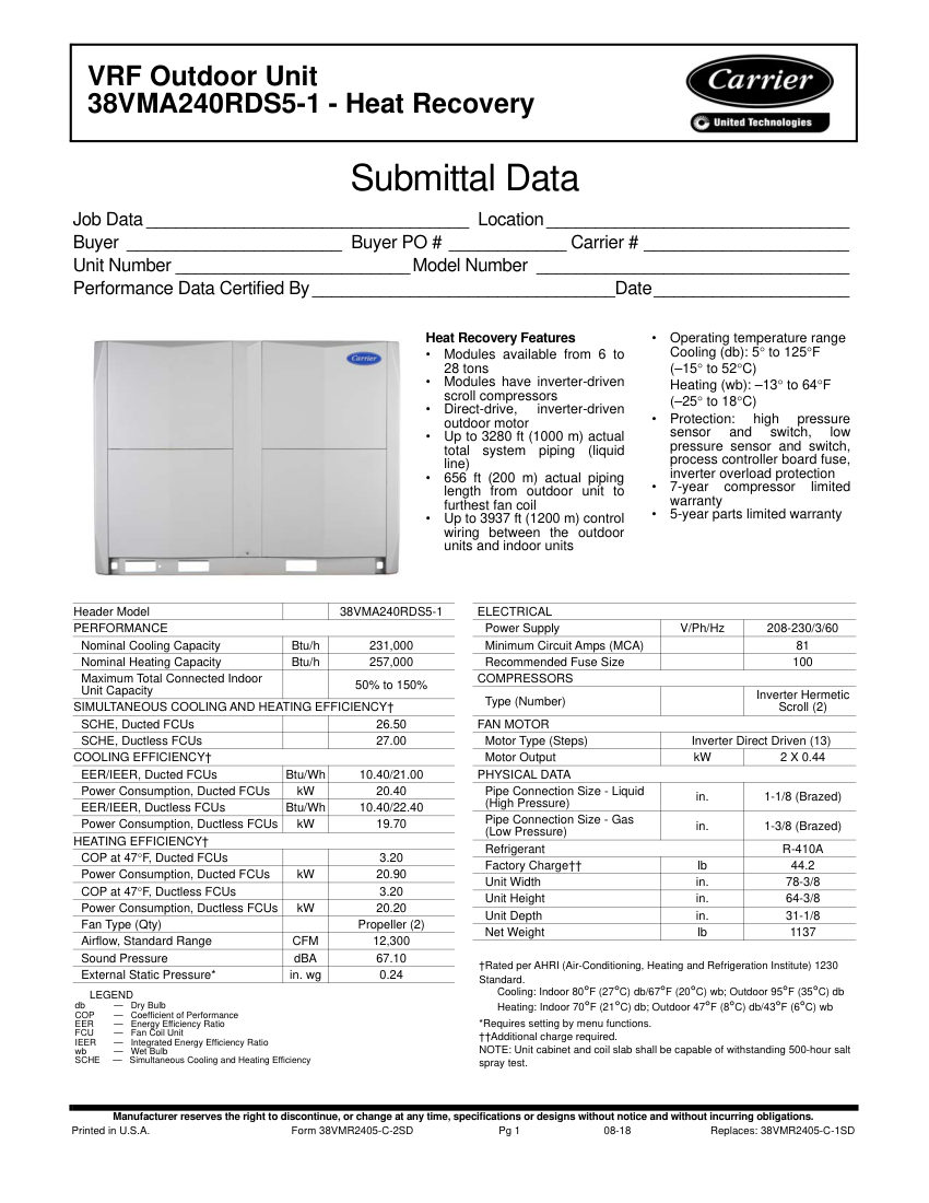 Carrier 38VMR cut sheet — first page