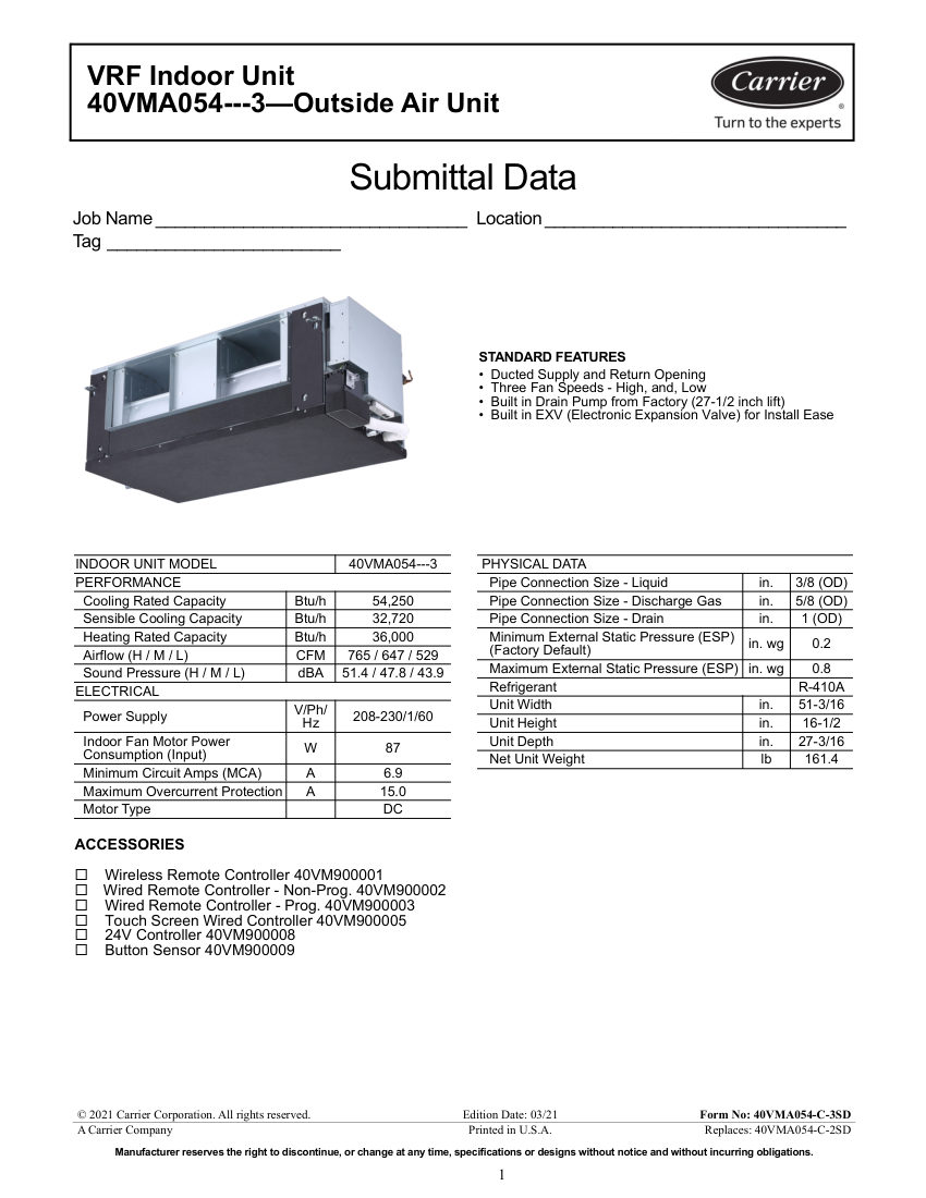 Carrier 40VMA cut sheet — first page