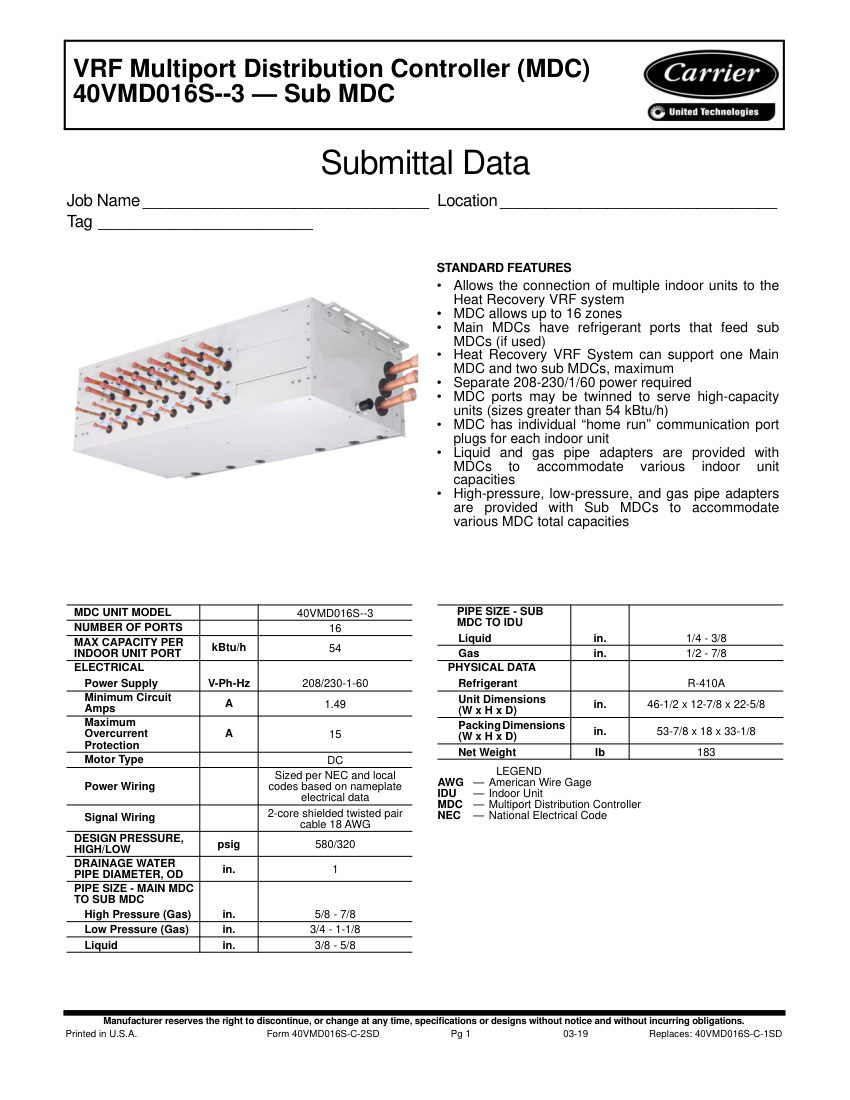 Carrier 40VMD cut sheet — first page