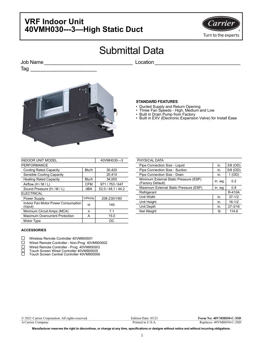 Carrier 40VMH cut sheet — first page