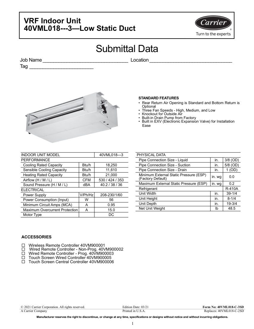 Carrier 40VML cut sheet — first page