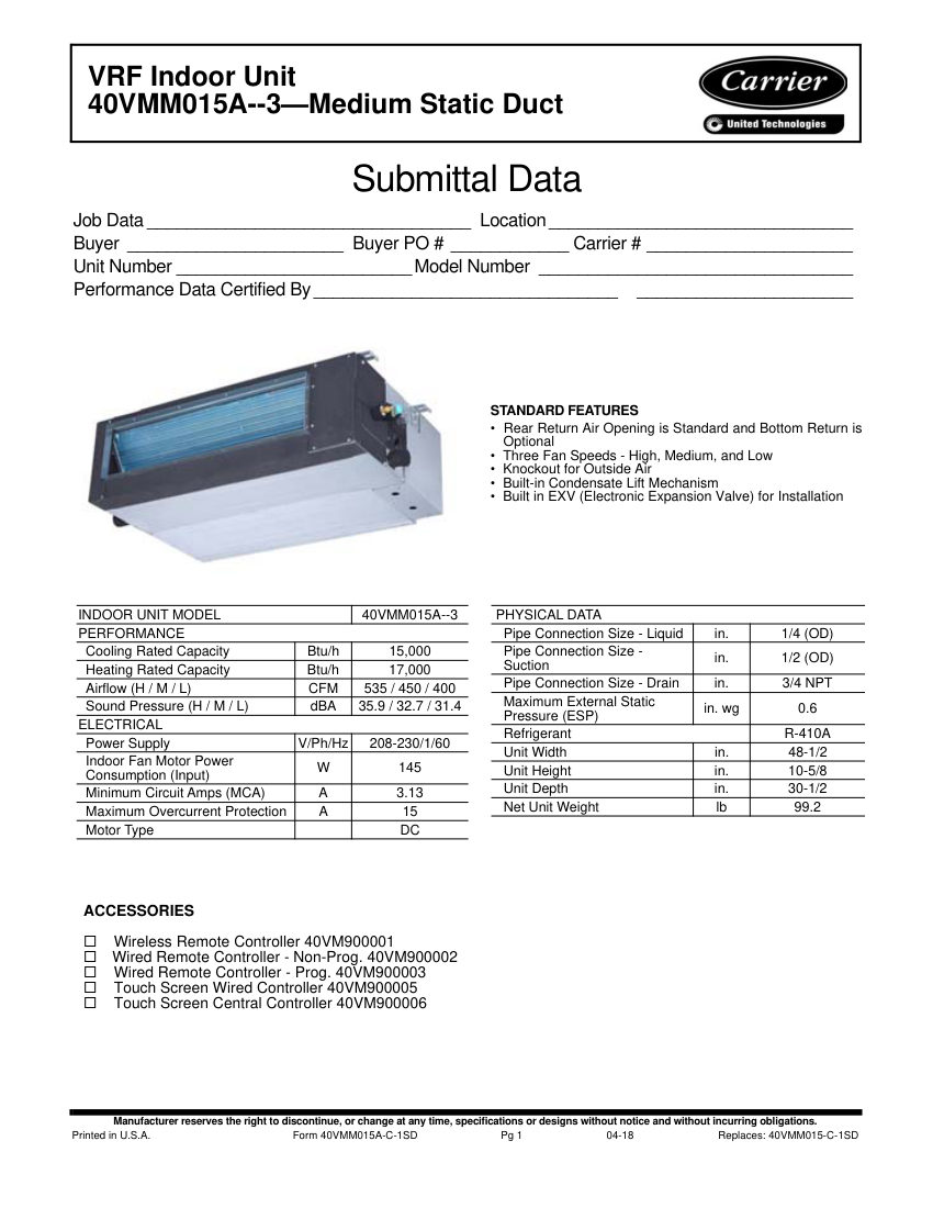 Carrier 40VMM cut sheet — first page