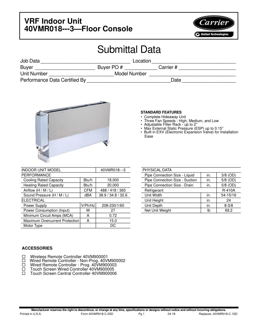 Carrier 40VMR cut sheet — first page