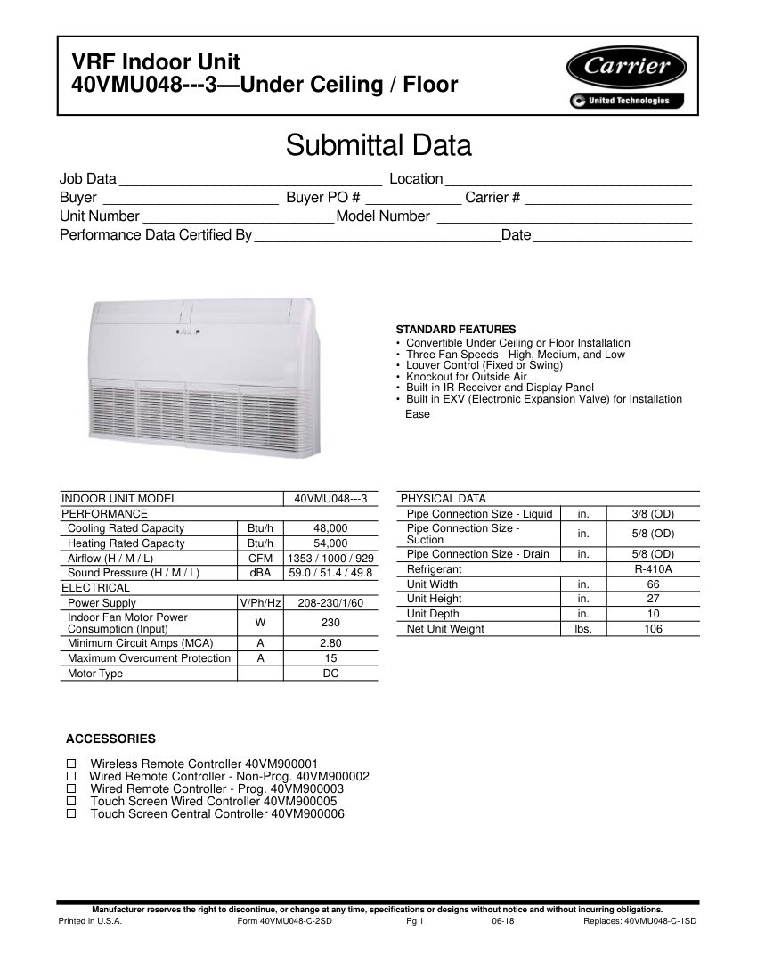 Carrier 40VMU cut sheet — first page