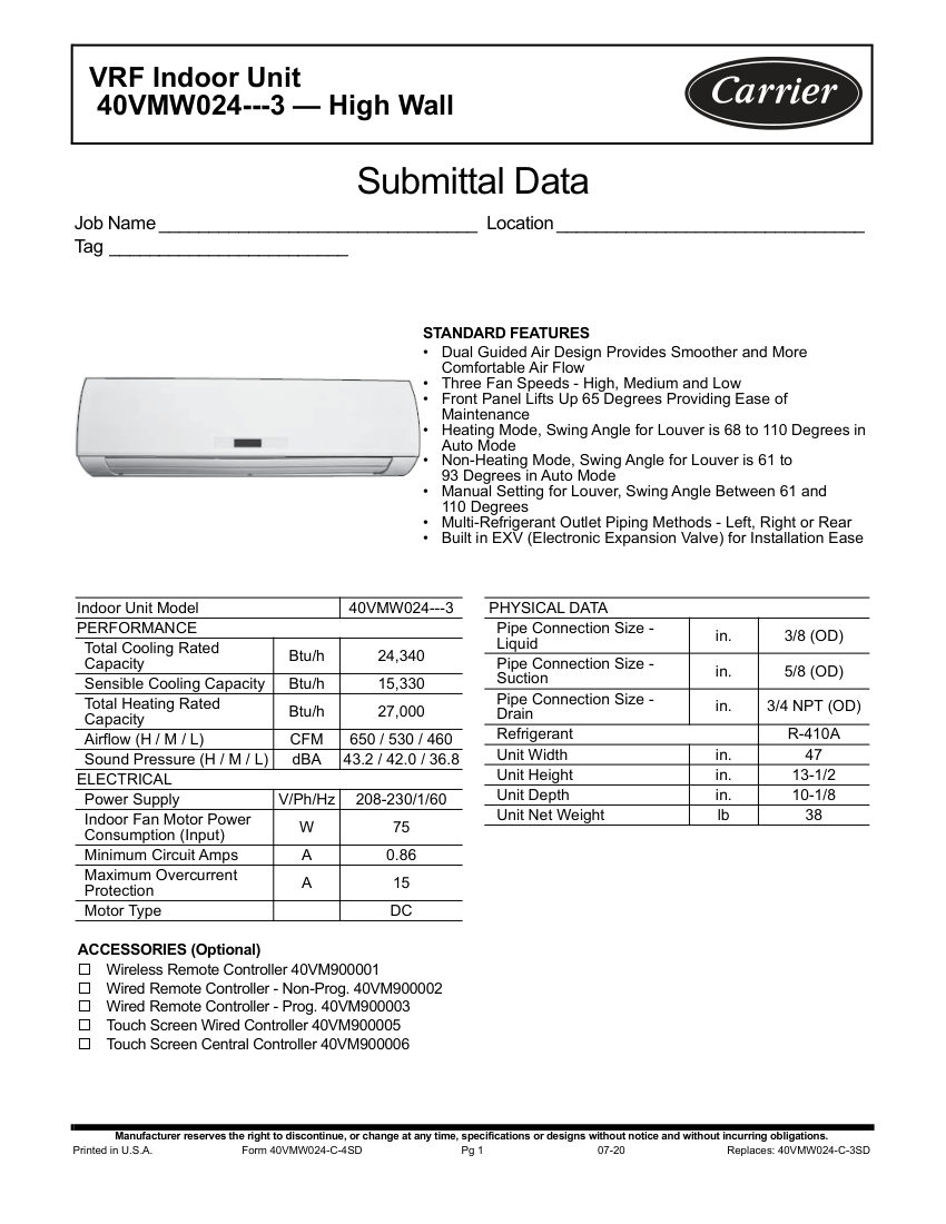 Carrier 40VMW cut sheet — first page