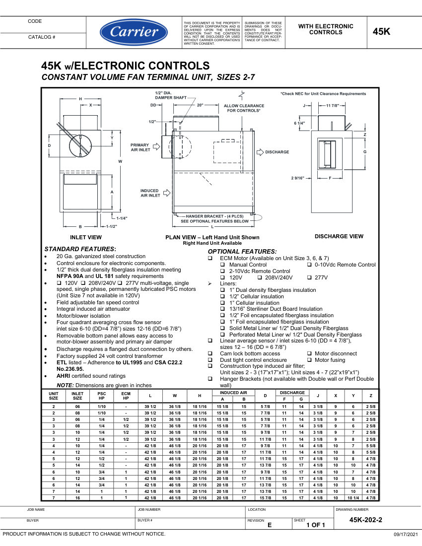 Carrier 45K cut sheet — first page