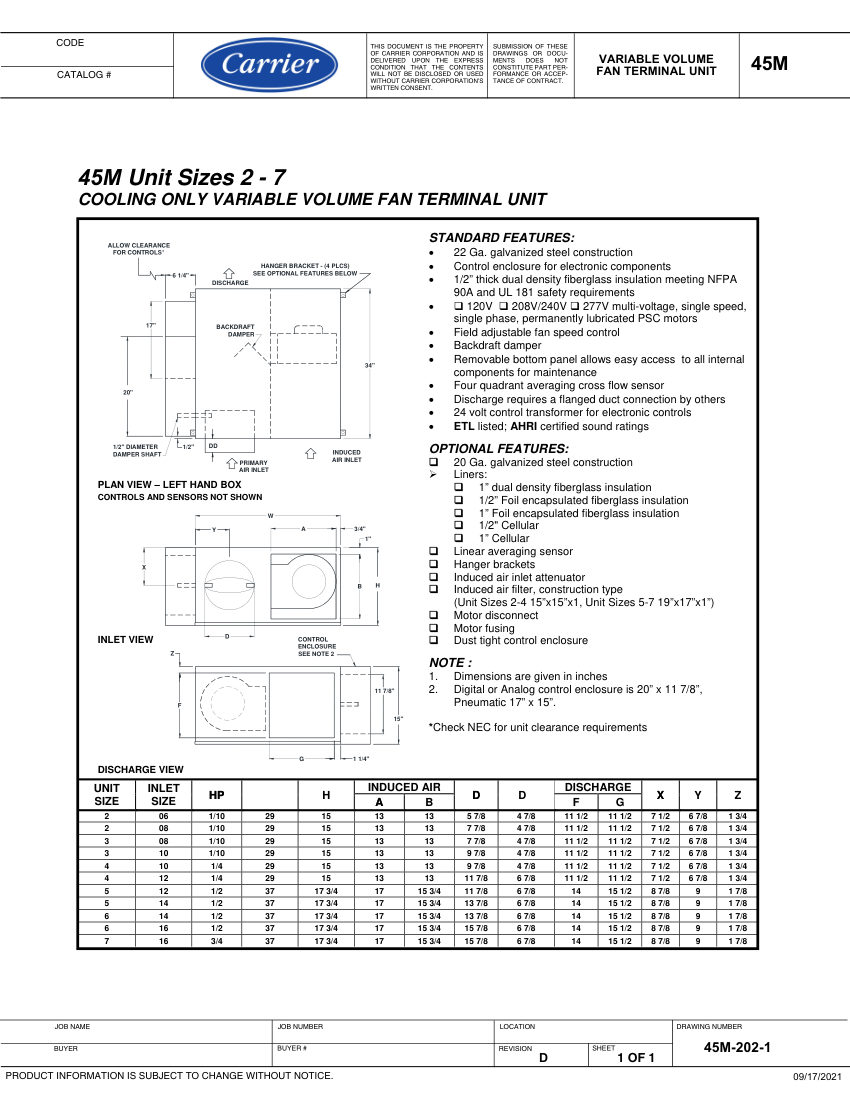 Carrier 45M cut sheet — first page