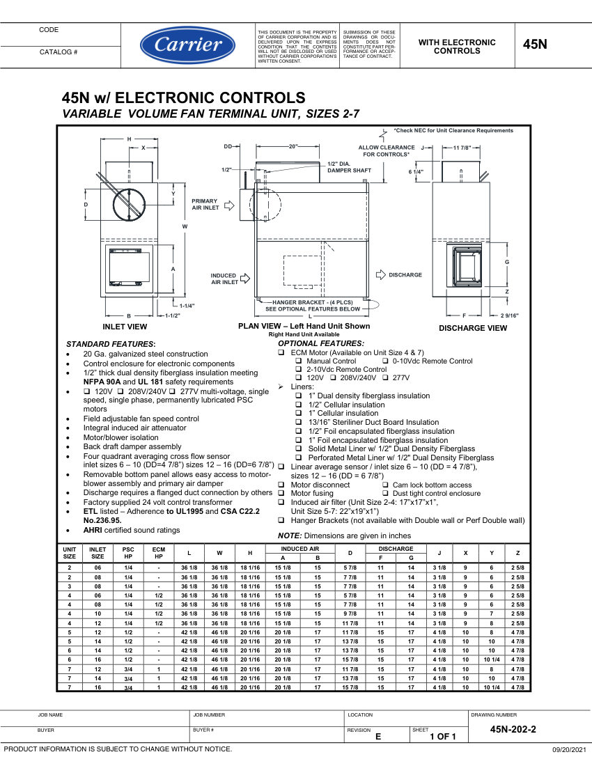 Carrier 45N cut sheet — first page
