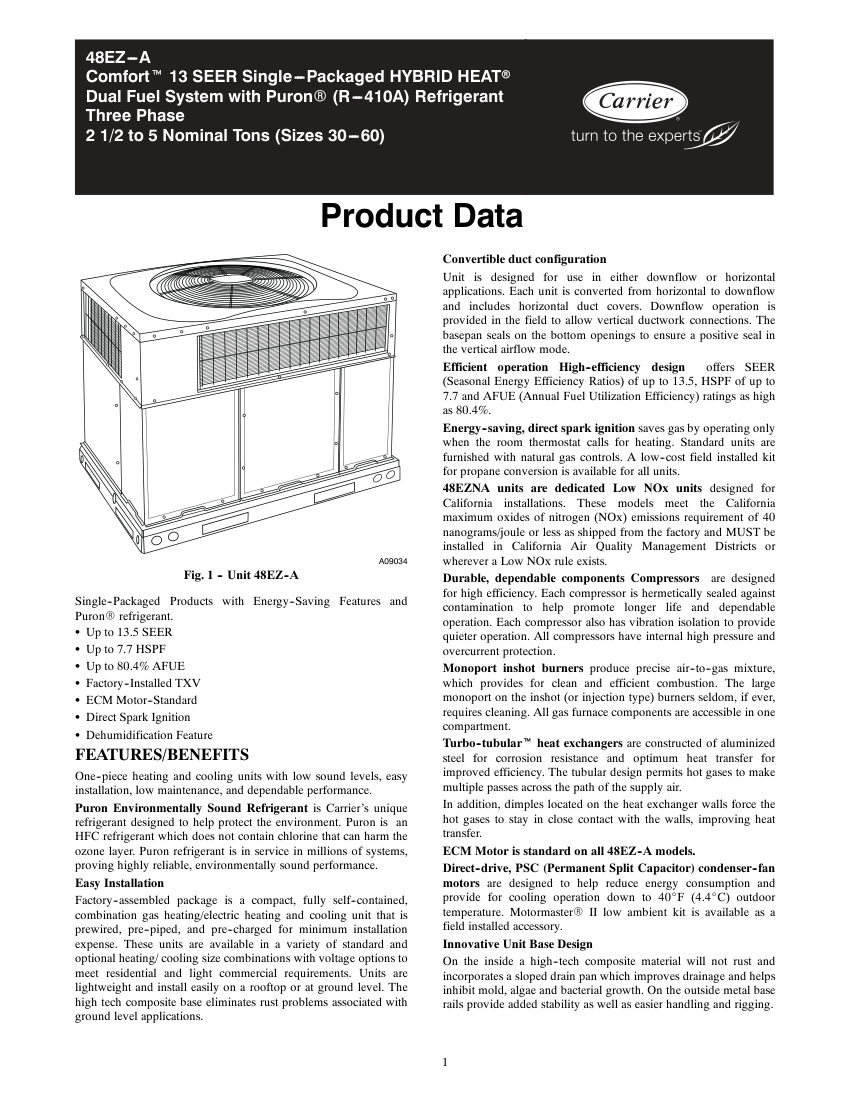 Carrier 48EZ-A cut sheet — first page