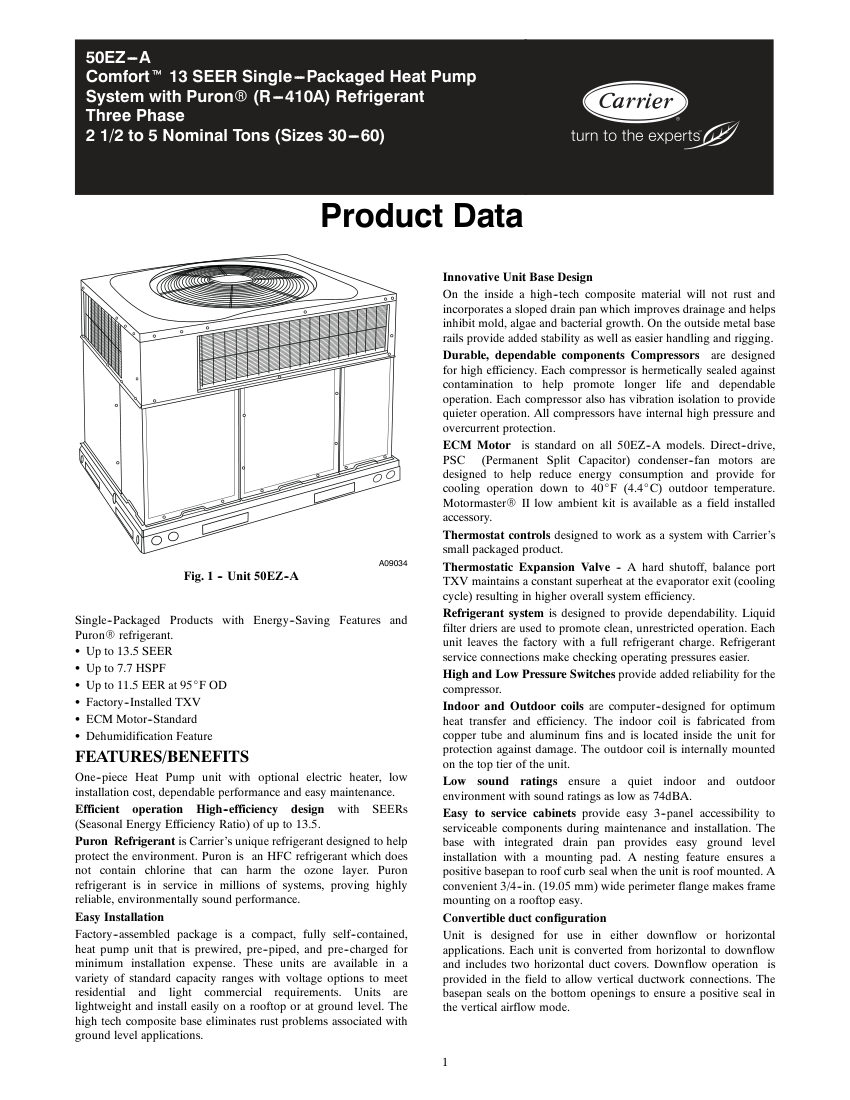 Carrier 50EZ-A cut sheet — first page