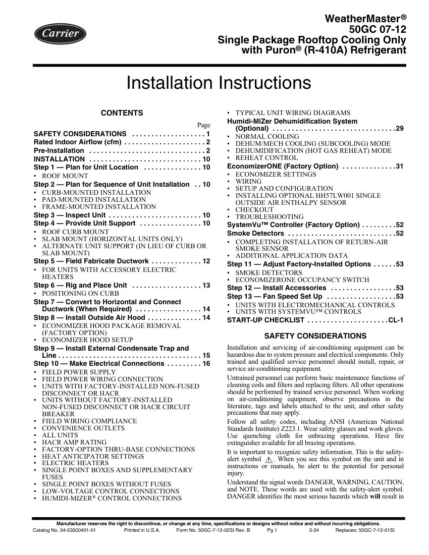 Carrier 50GC cut sheet — first page