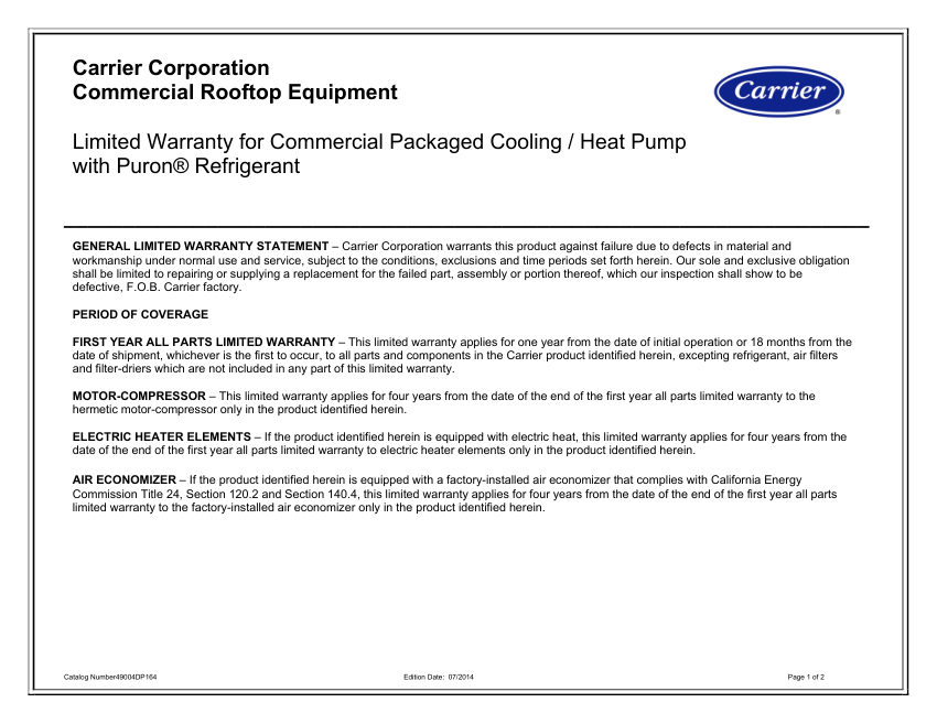 Carrier 50HCQ cut sheet — first page