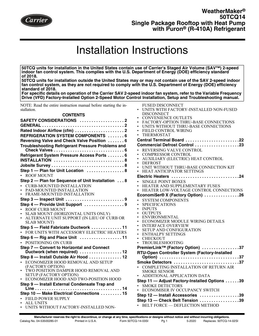 Carrier 50TCQ cut sheet — first page