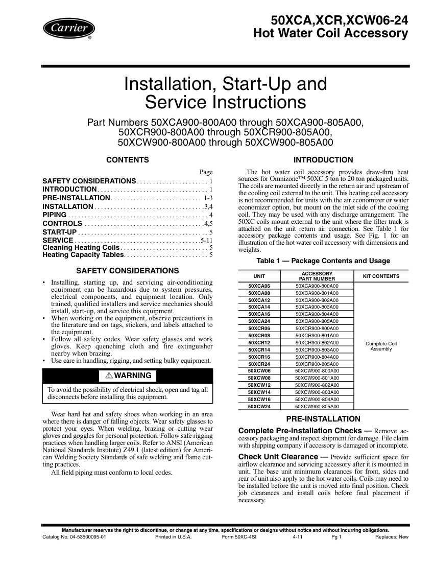 Carrier 50XCA cut sheet — first page