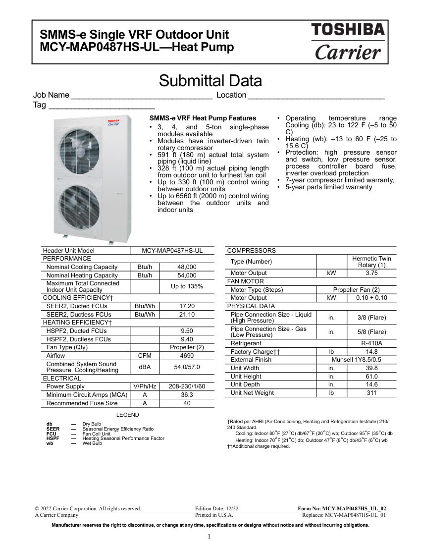 Carrier MCY7 cut sheet — first page