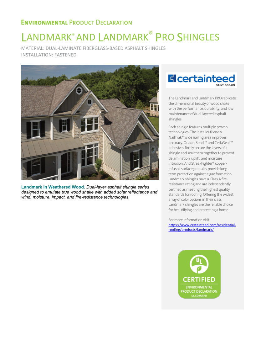 CertainTeed 101.1 Certainteed EPD Landmark and Landmark PRO cut sheet — first page