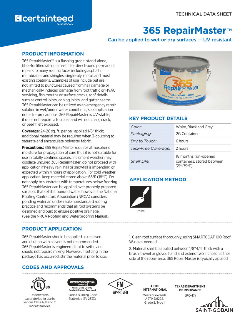 CertainTeed 365 RepairMaster cut sheet — first page