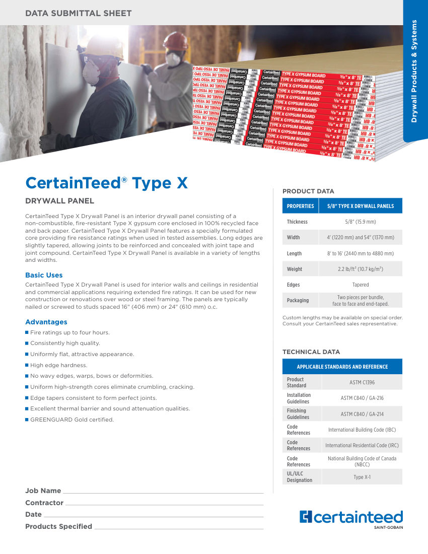 CertainTeed 5/8" Type X cut sheet — first page
