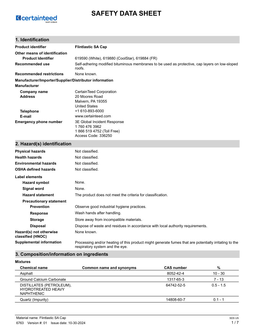 CertainTeed 619590 cut sheet — first page