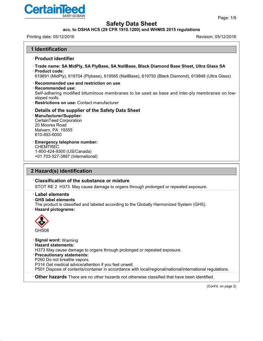 CertainTeed 619891 cut sheet — first page