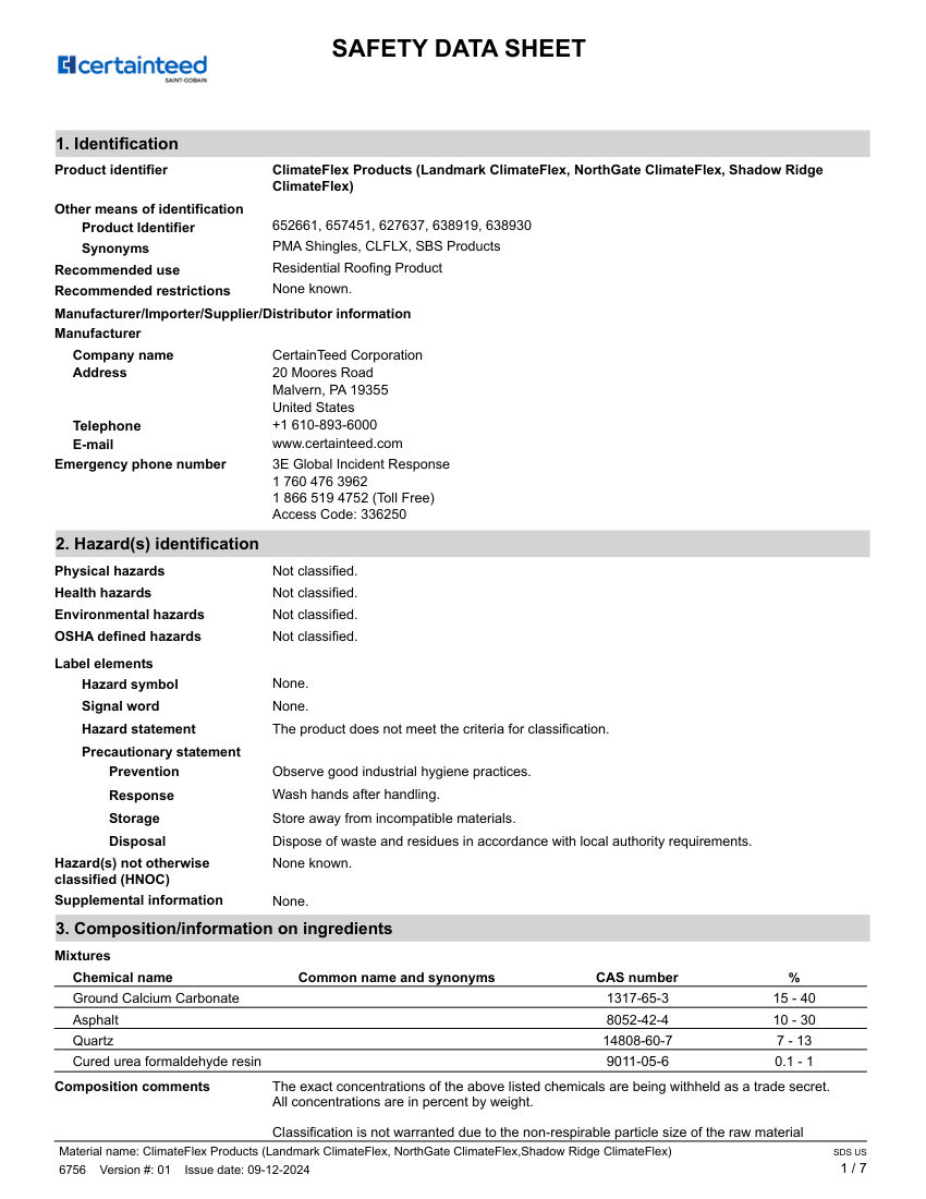 CertainTeed 652661 cut sheet — first page