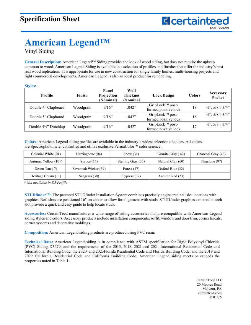 CertainTeed AmericanLegend cut sheet — first page