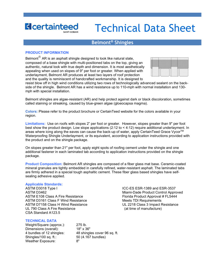 CertainTeed Belmont TDS CTRCOMM 015 2409 E cut sheet — first page