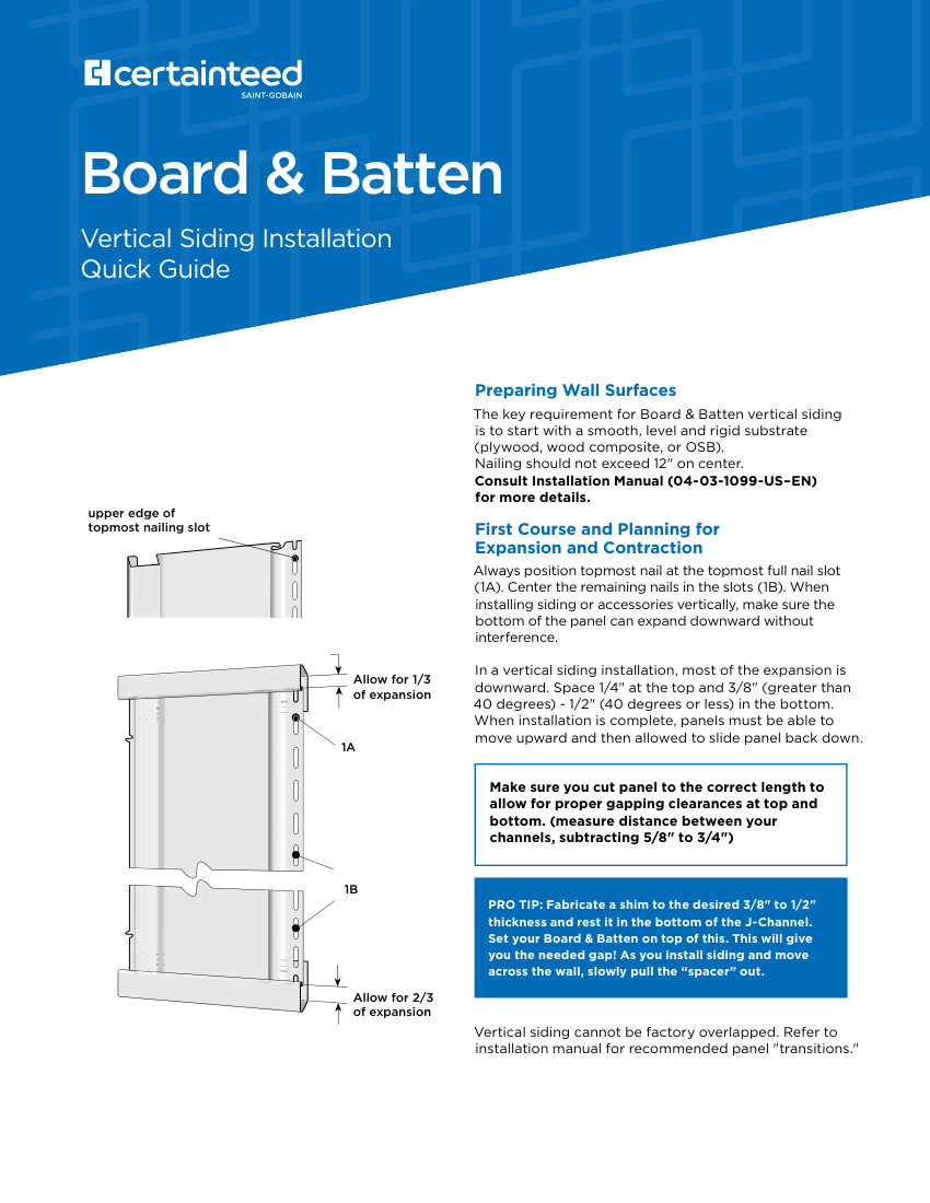 CertainTeed board batten install quick tips 04 03 2254 US EN 2307 cut sheet — first page