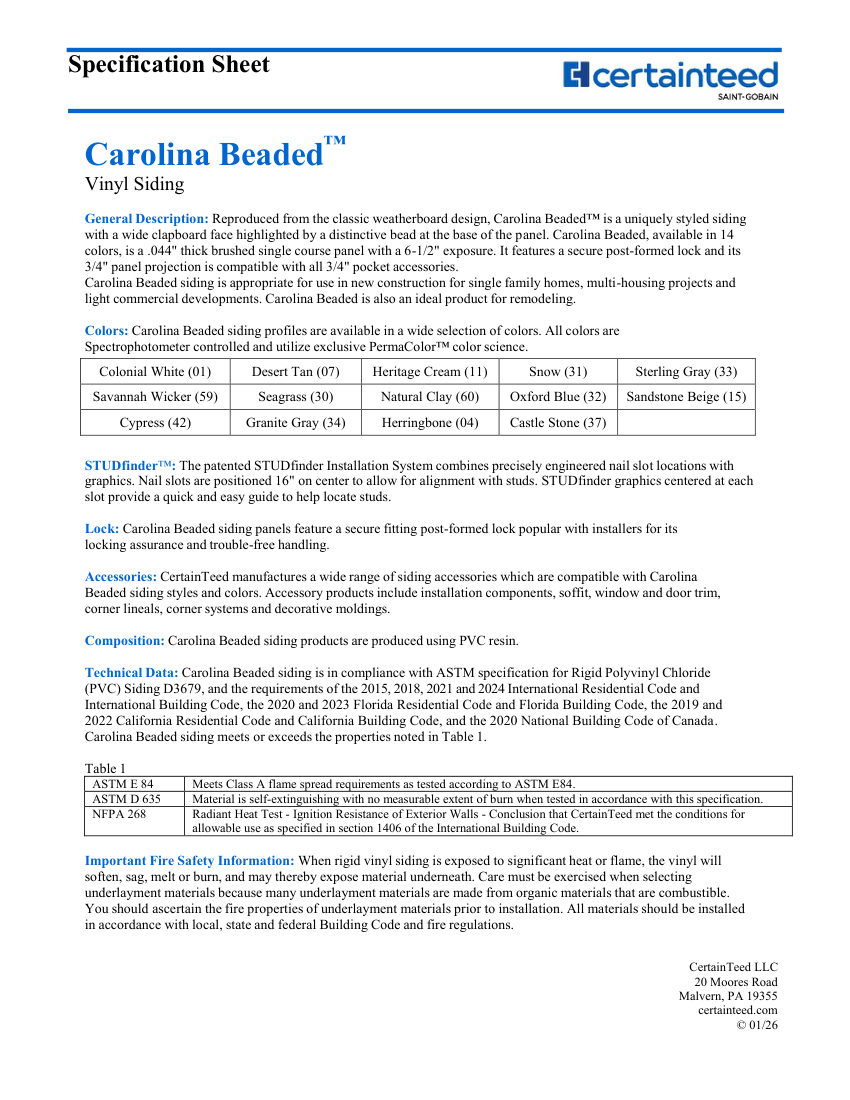 CertainTeed Carolina Beaded-01 cut sheet — first page