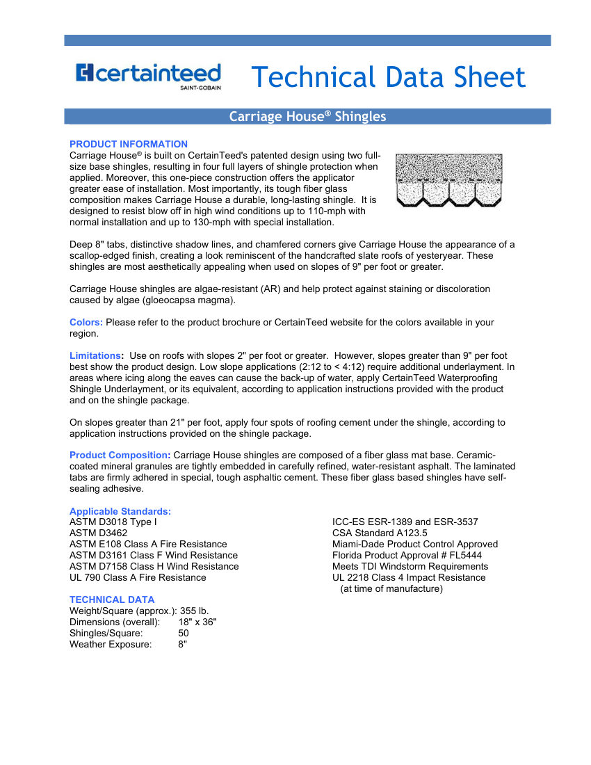 CertainTeed Carriage House TDS CTRCOMM 015 2402 E cut sheet — first page