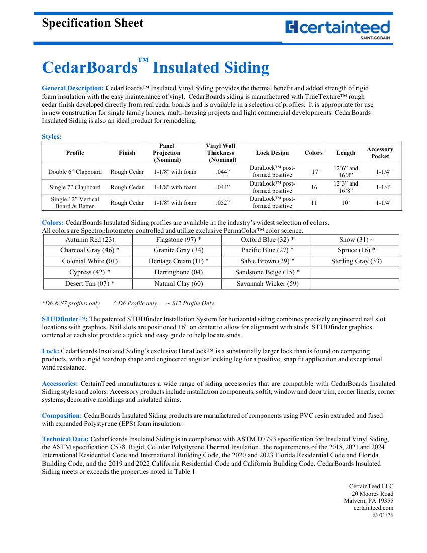 CertainTeed Cedarboards cut sheet — first page
