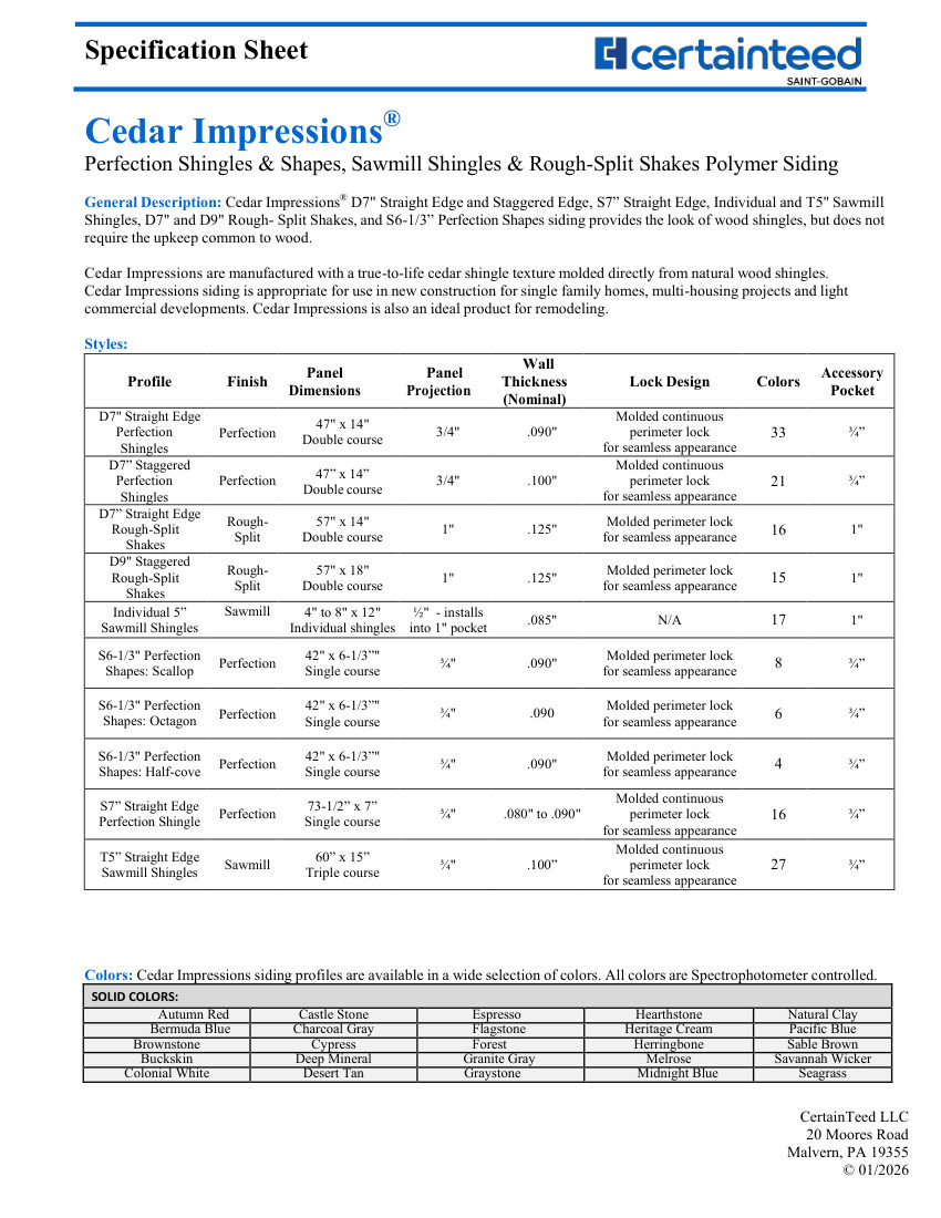 CertainTeed CedarImpressions cut sheet — first page
