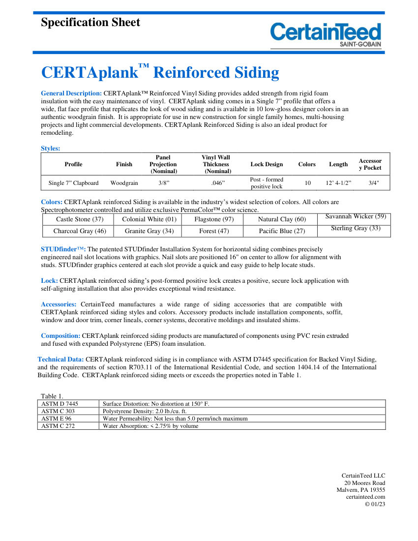 CertainTeed CERTAplank-37 cut sheet — first page