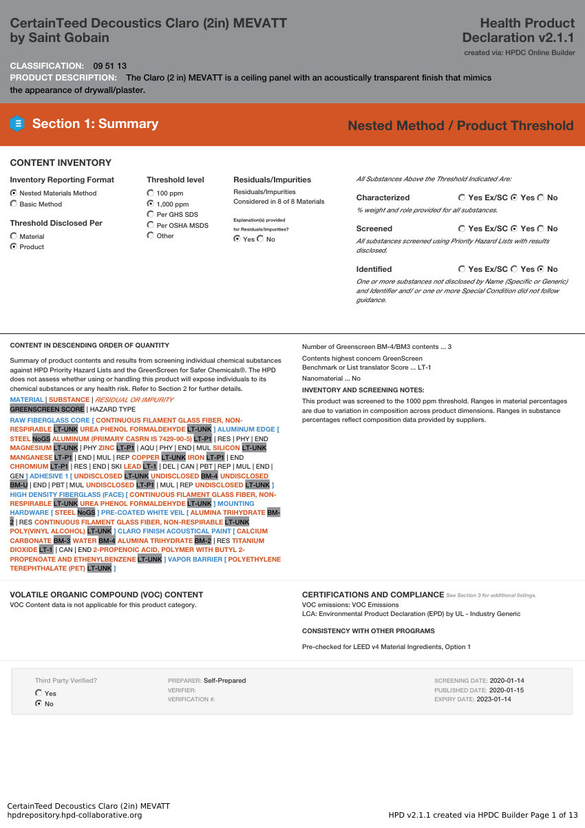 CertainTeed Claro (2in) MEVATT cut sheet — first page