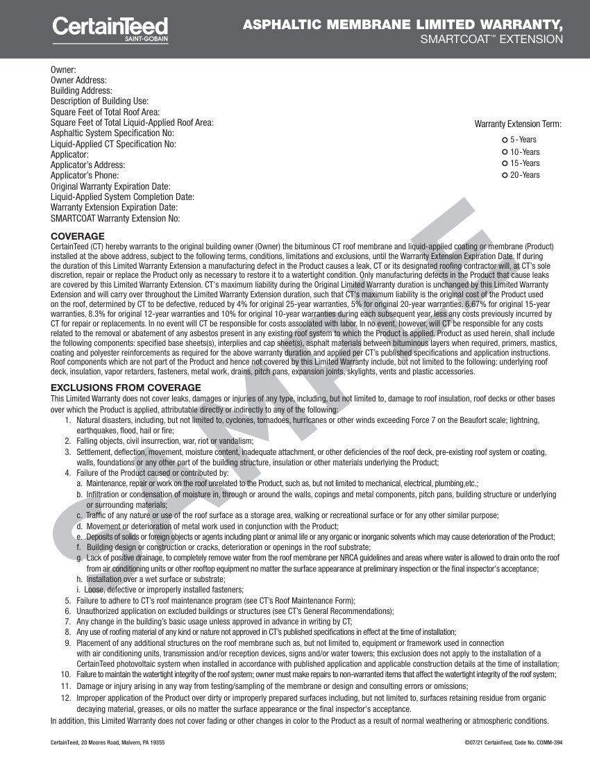 CertainTeed COMM-394 cut sheet — first page