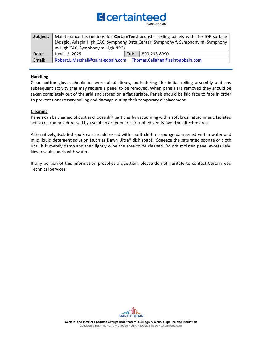 CertainTeed CT IOF Surface Maintenance Instructions June 2025 cut sheet — first page