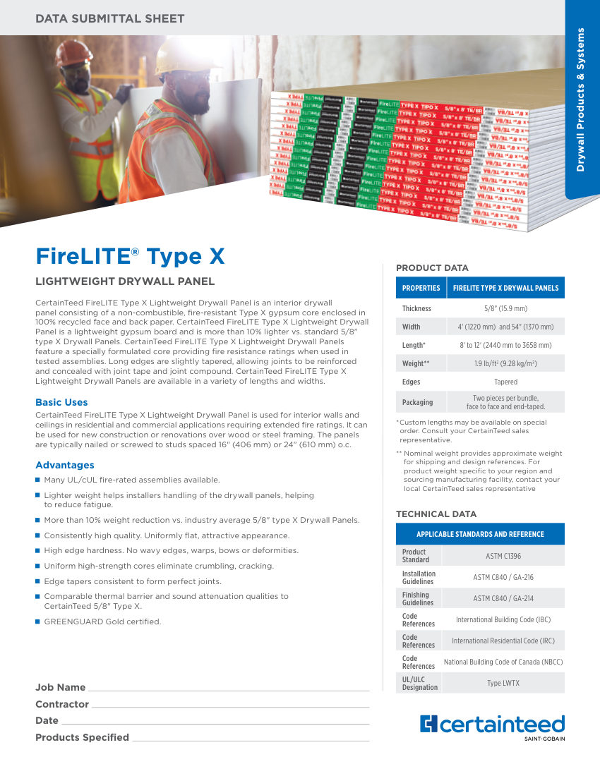 CertainTeed Data Page - FireLITE Type X cut sheet — first page