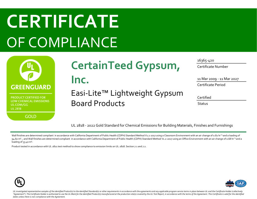CertainTeed easi lite greenguard gold 2027 expiration cut sheet — first page