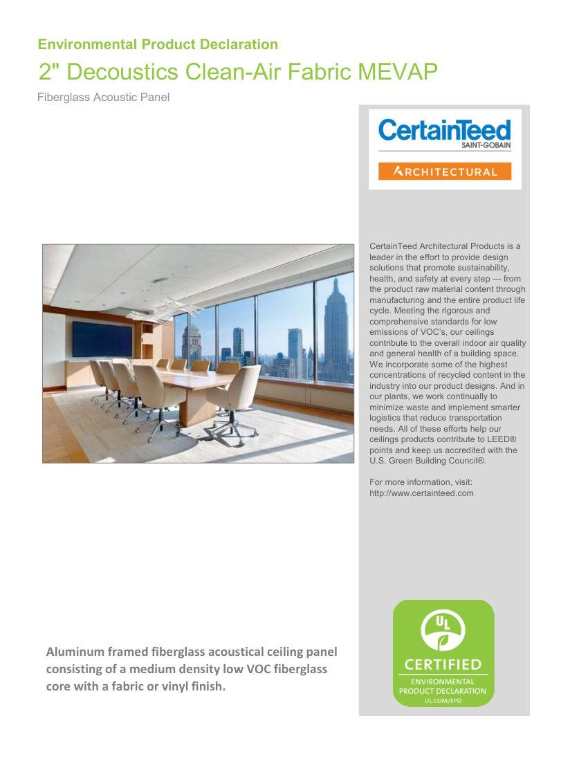 CertainTeed environmental product declaration epd decoustics lem fabric cut sheet — first page