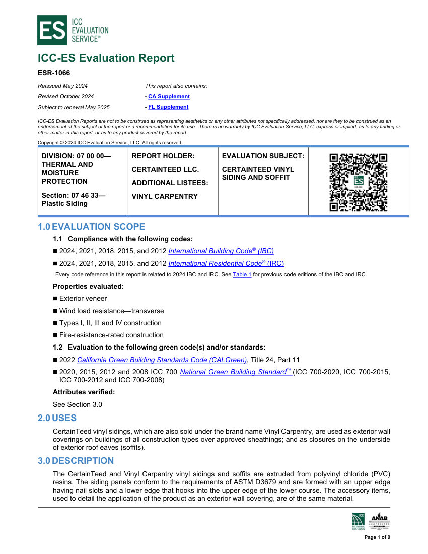 CertainTeed ESR-1066 cut sheet — first page