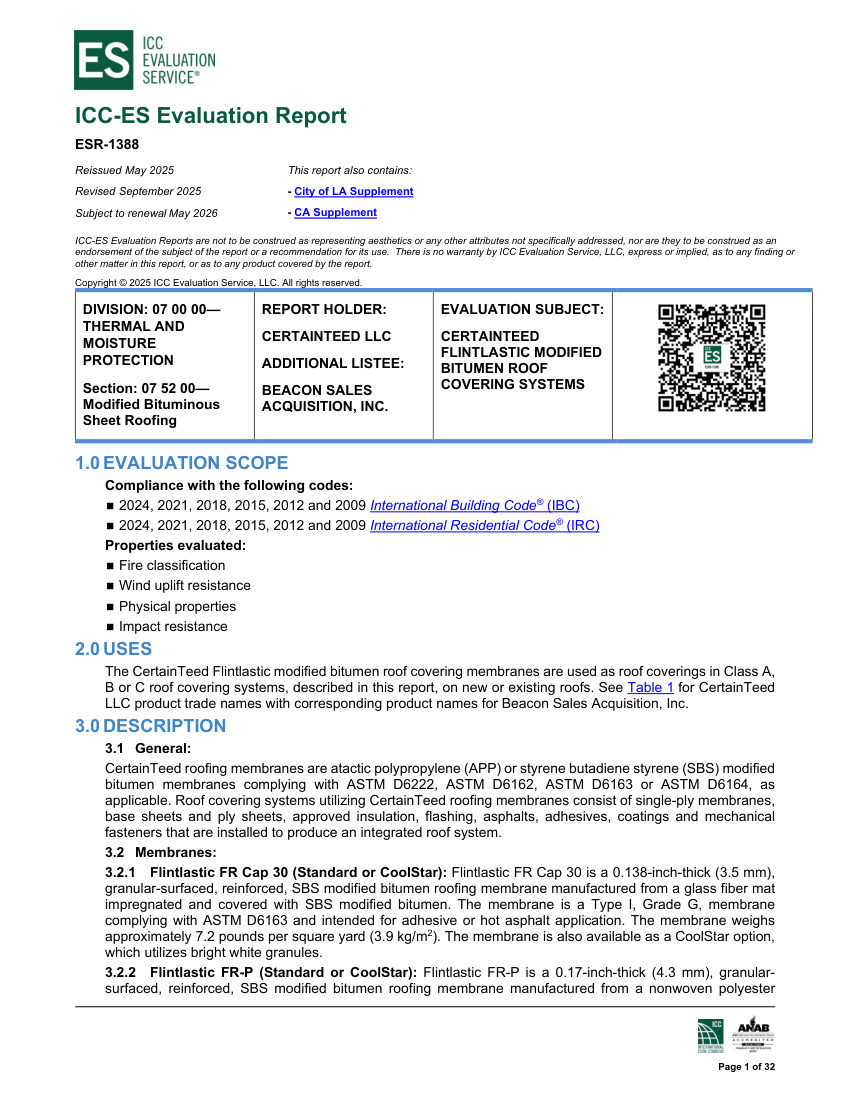 CertainTeed ESR-1388 cut sheet — first page