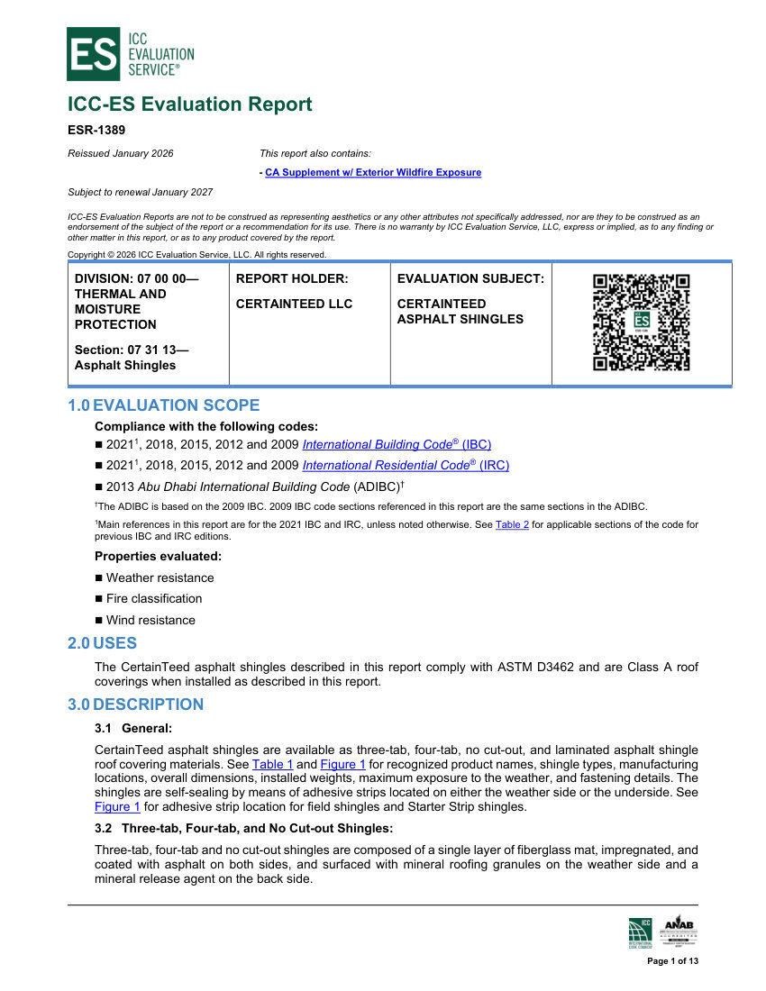CertainTeed ESR-1389OPENDOWNLOADCOPY cut sheet — first page