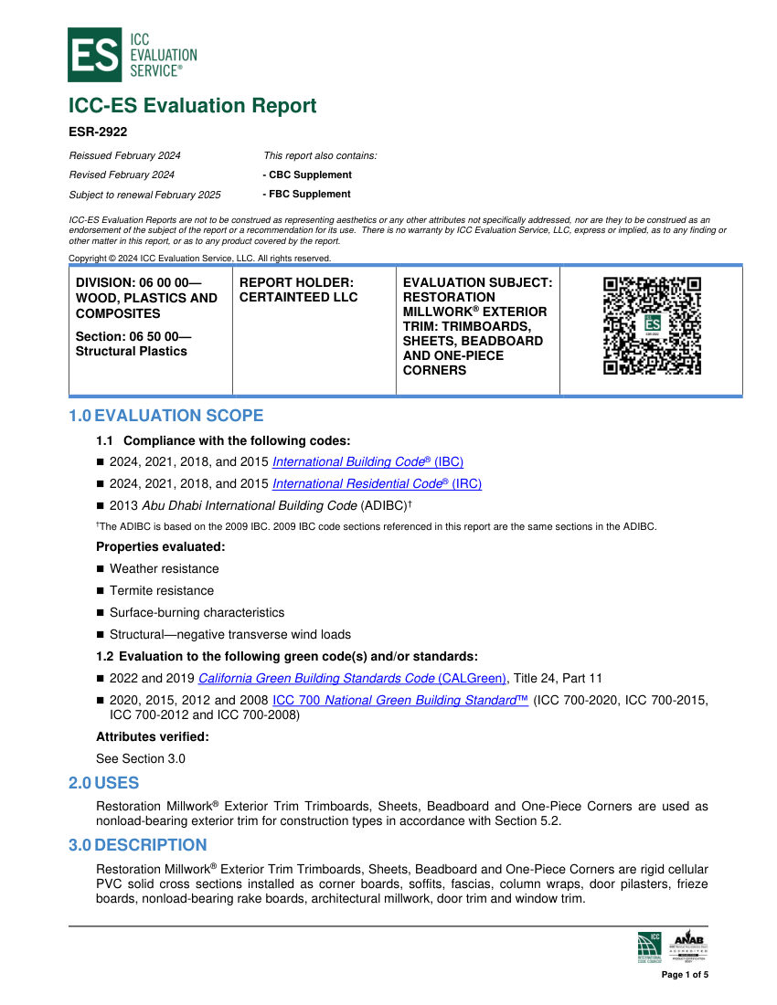 CertainTeed ESR-2922OPENDOWNLOADCOPY cut sheet — first page