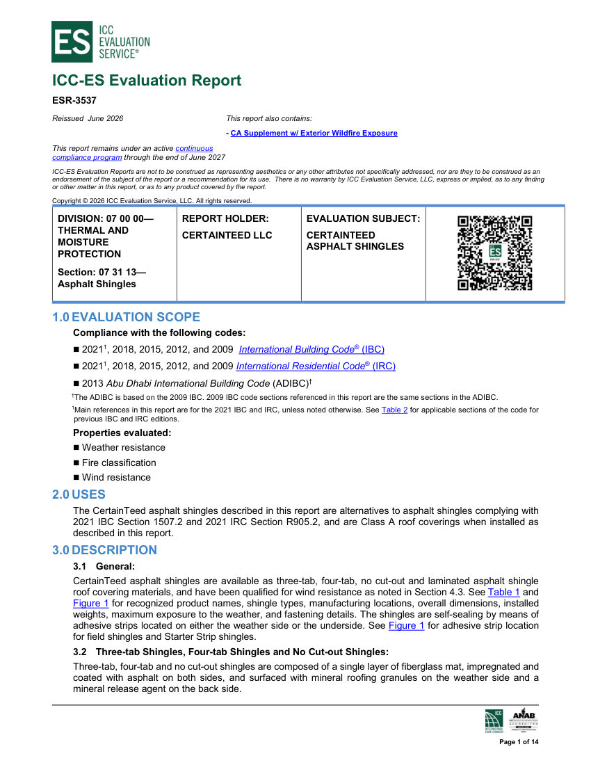 CertainTeed ESR-3537OPENDOWNLOADCOPY cut sheet — first page