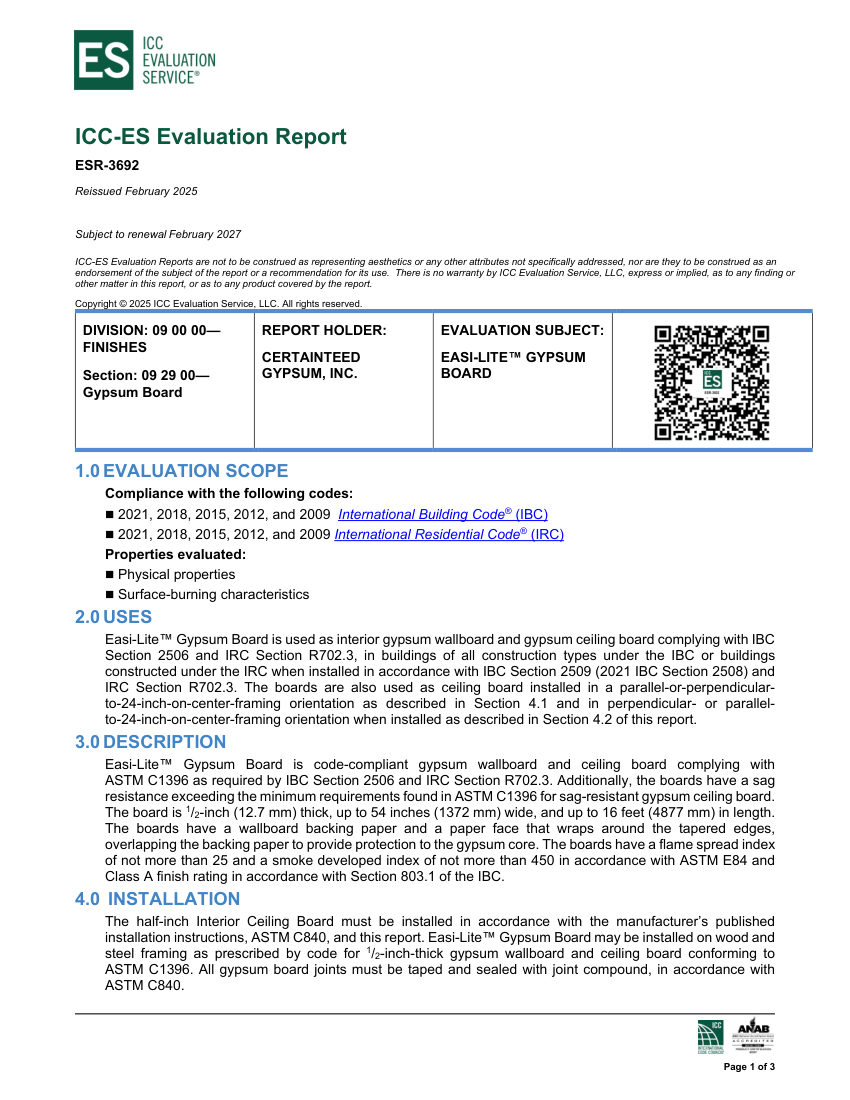 CertainTeed ESR-3692 cut sheet — first page