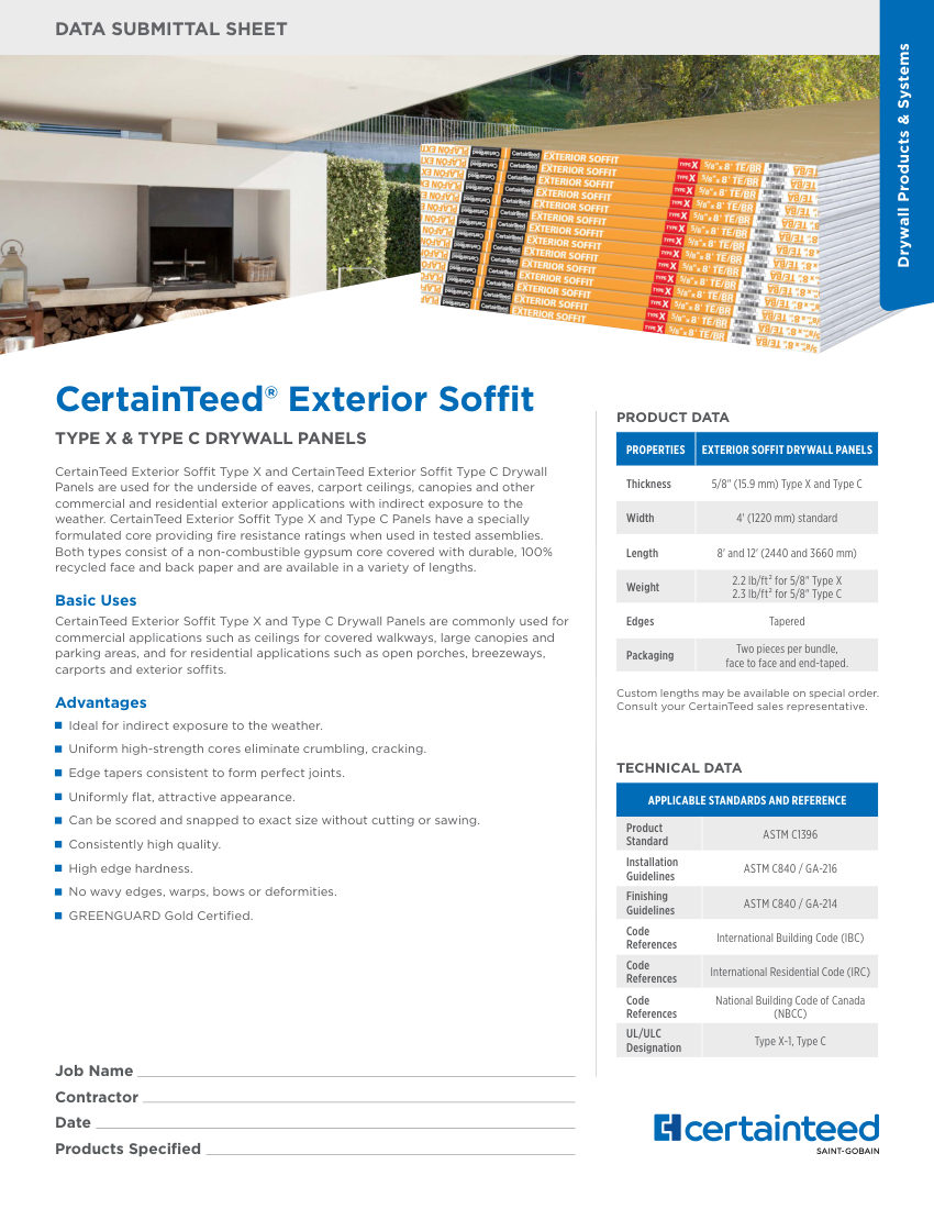 CertainTeed exterior soffit cut sheet — first page